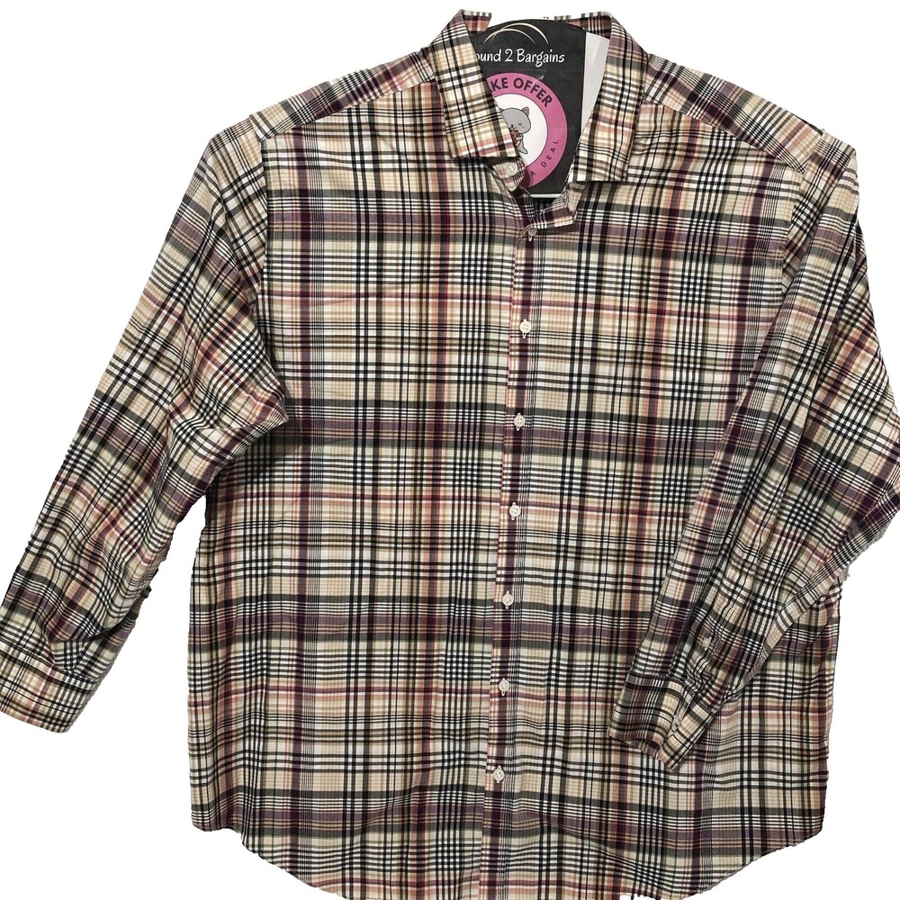 Murano Button Shirt Men's 2XB Tan‎ Brown Plaid Slim Fit Long Sleeve Dadcore